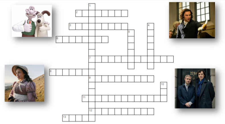 Blank crossword layout surrounded by stills from TV shows
